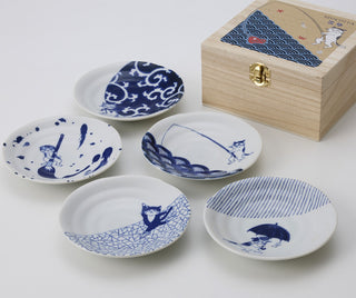 Mino Ware Cat Small Plate Set with Wooden Gift Box