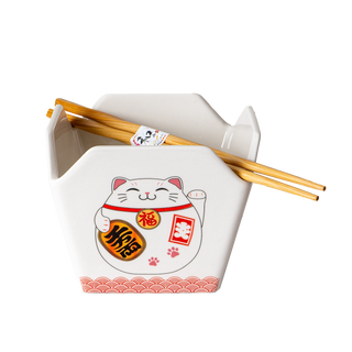 Takeout Box Serving Bowl with Chopsticks Lucky Cat