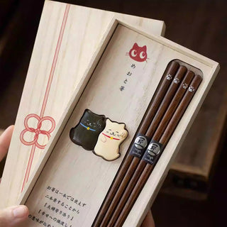 Japanese Wooden Chopsticks Set Maneki Neko
