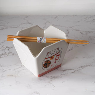Takeout Box Serving Bowl with Chopsticks Lucky Cat