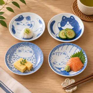 Mino Ware Sleeping Cat Small Plate Set