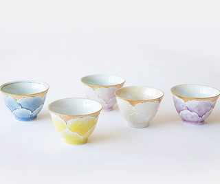Arita Ware Peony Teacup Set with Wooden Gift Box (Set of 5)